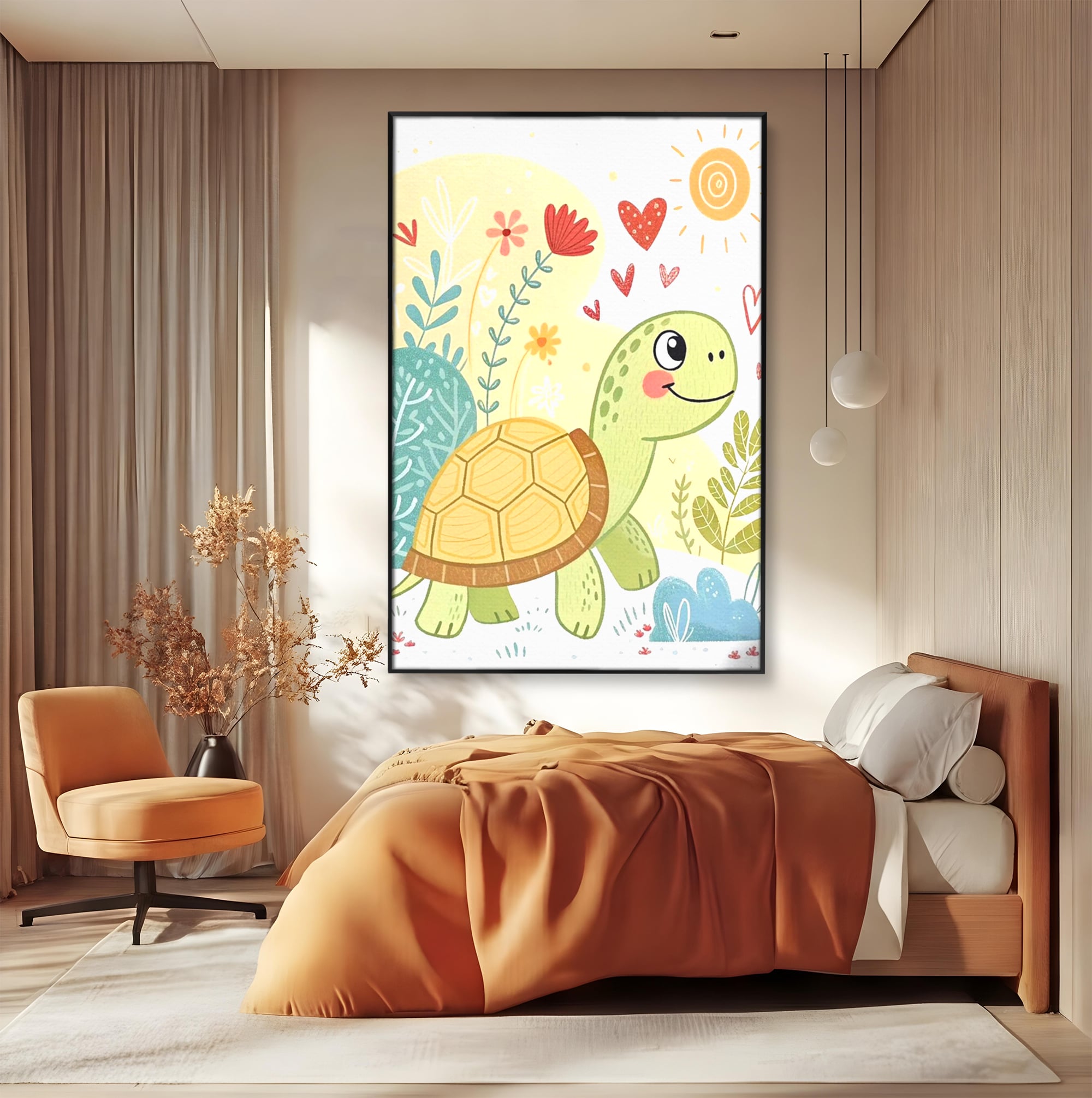 Tablou canvas cu ilustratie cu testoasa vesela printre flori, in rama de aluminiu negru, pe perete intr-un dormitor